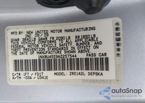 2010 Toyota Corolla S z USA, uszkodzony, nr VIN 1NXBU4EE9AZ257544